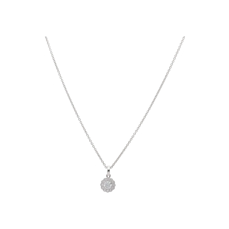 COLLANA GIROCOLLO PUNTO LUCE CON PENDENTE ROSETTA IN ORO BIANCO, DIAMANTE CENTRALE E CONTORNO DIAMANTI - 412-44852-30