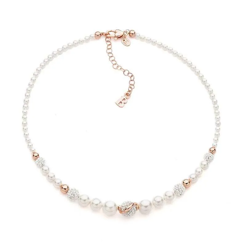 Collana in argento placcato oro rosa con perle e strass