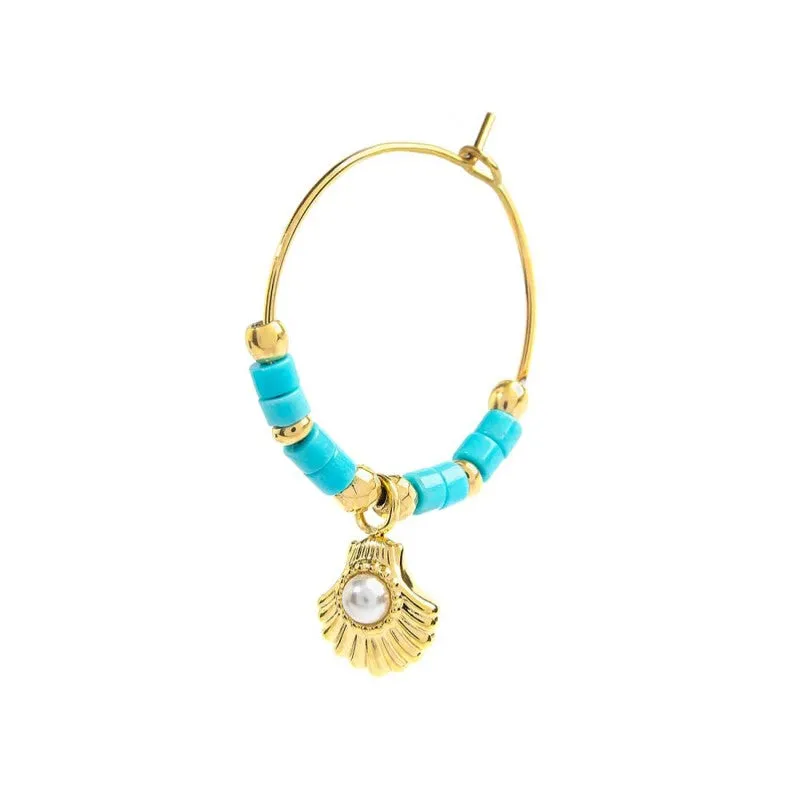 Mono orecchino a cerchio conchiglia con perla e perline turchesi
