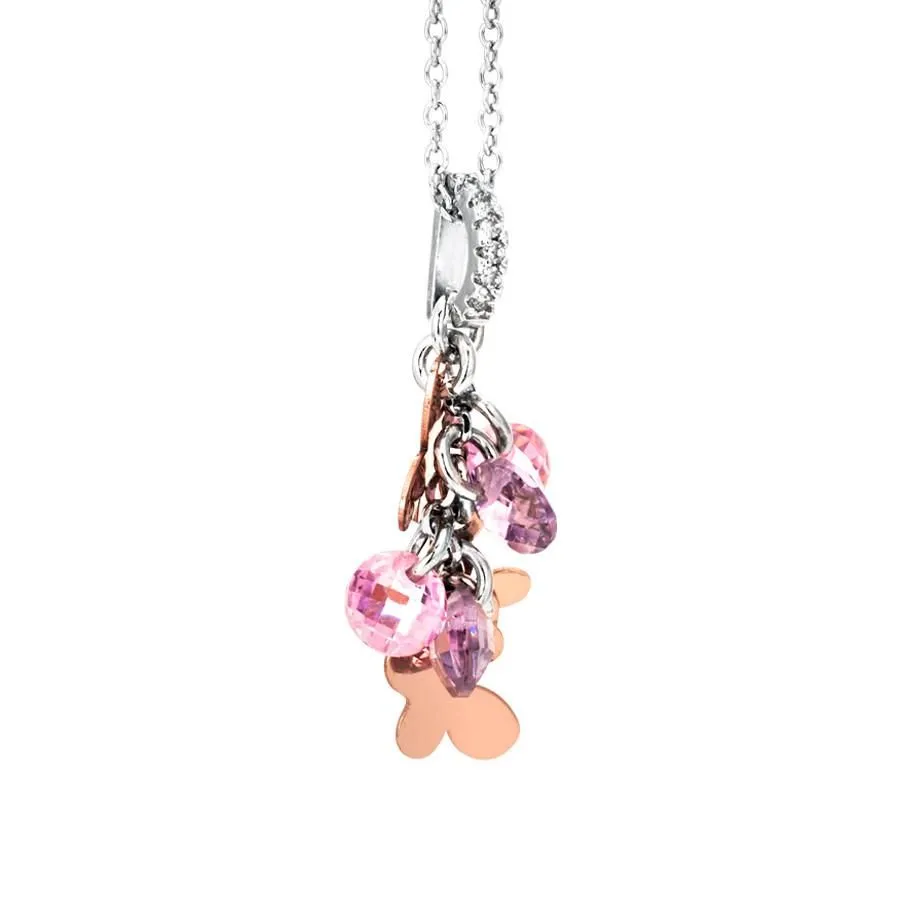 Collana in argento con charms e zirconi rosa e lavanda