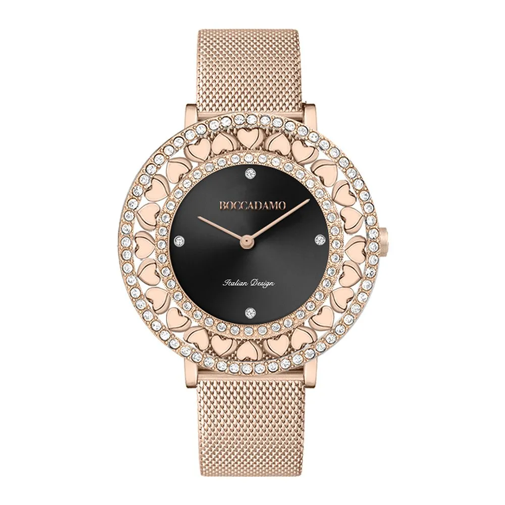 Orologio rose gold con quadrante nero, Swarovski e cuori