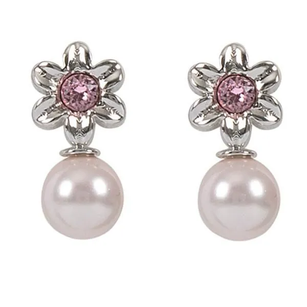 Orecchini a lobo con fiore, cristallo Swarovski rosa e perla