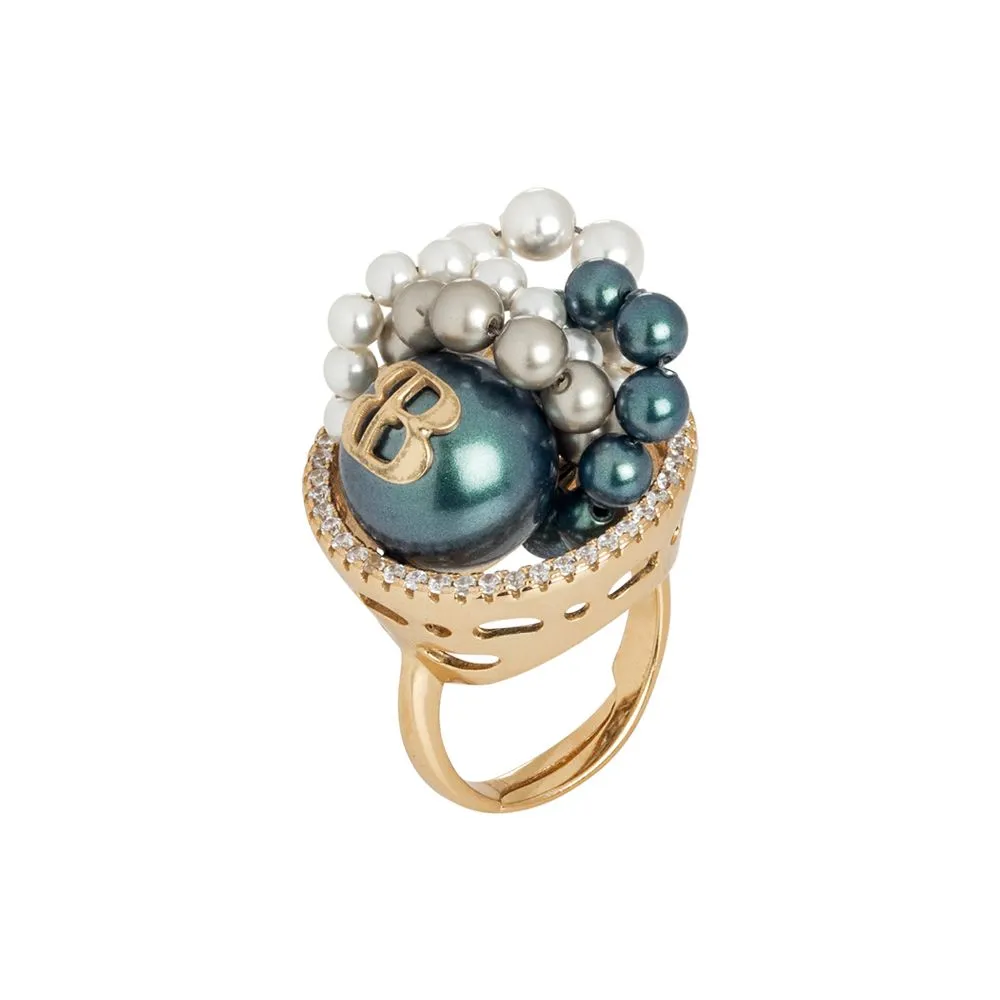 Anello in argento placcato oro giallo con zirconi e perle Swarovski