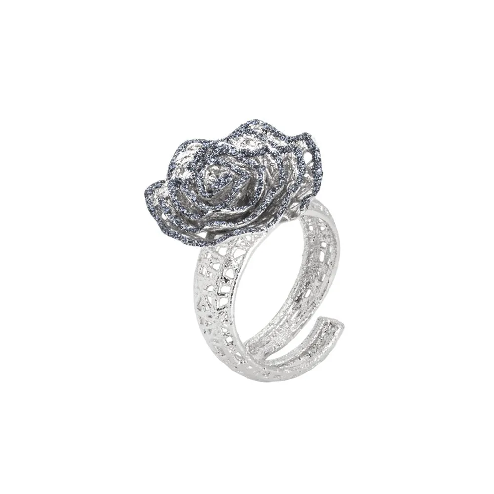 Anello rodiato con rosa in glitter nero