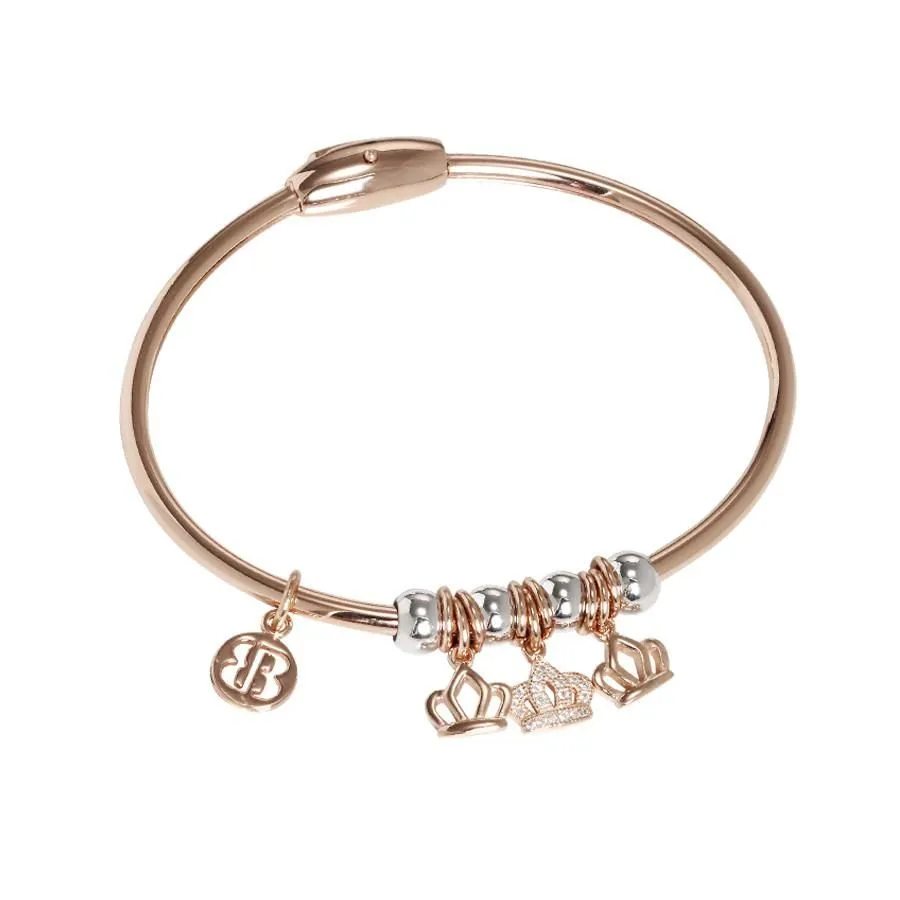 Bracciale placcato oro rosa con charms lisci e in zirconi a forma di corona