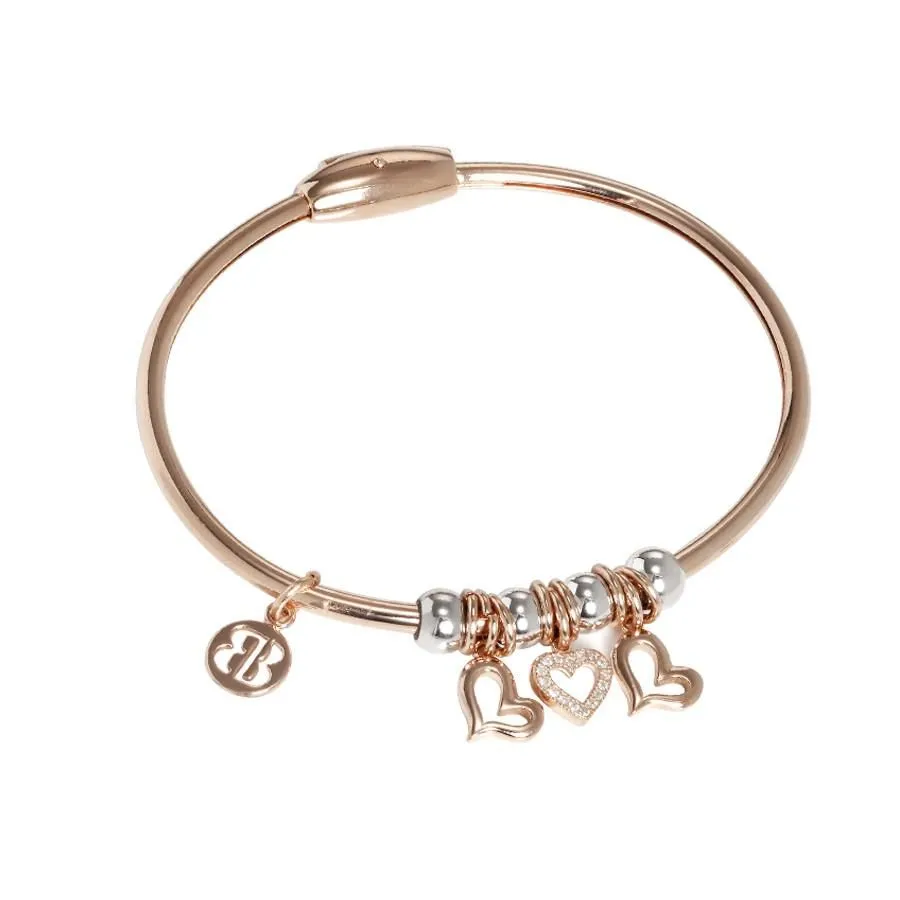 Bracciale placcato oro rosa con charms lisci e in zirconi a forma di cuori