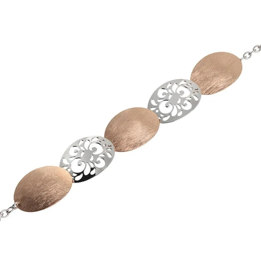 Bracciale semirigido bicolor con ovali graffiati e traforati