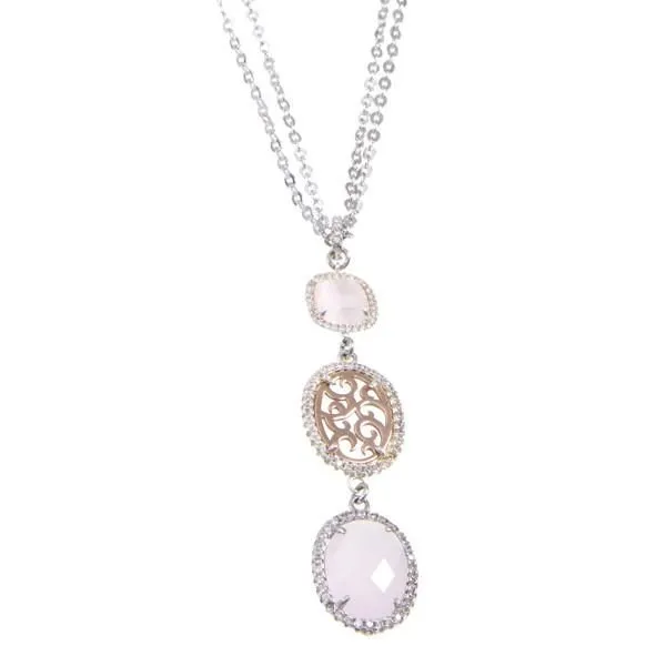 Collana con pendente dal motivo arabesco, zirconi e cristalli briolette rosa