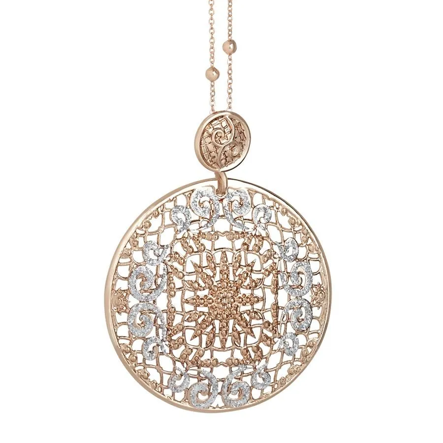 Collana rosata con pendente circolare e glitter