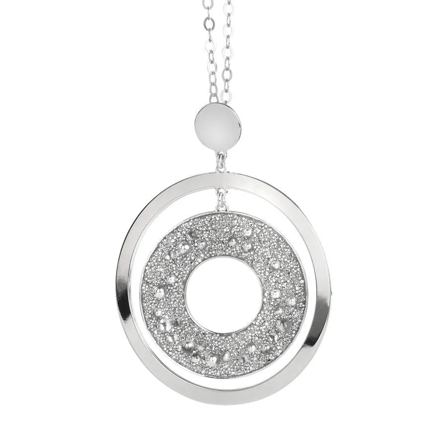 Collana lunga con pendente concentrico e superficie Swarovski galuchat silver
