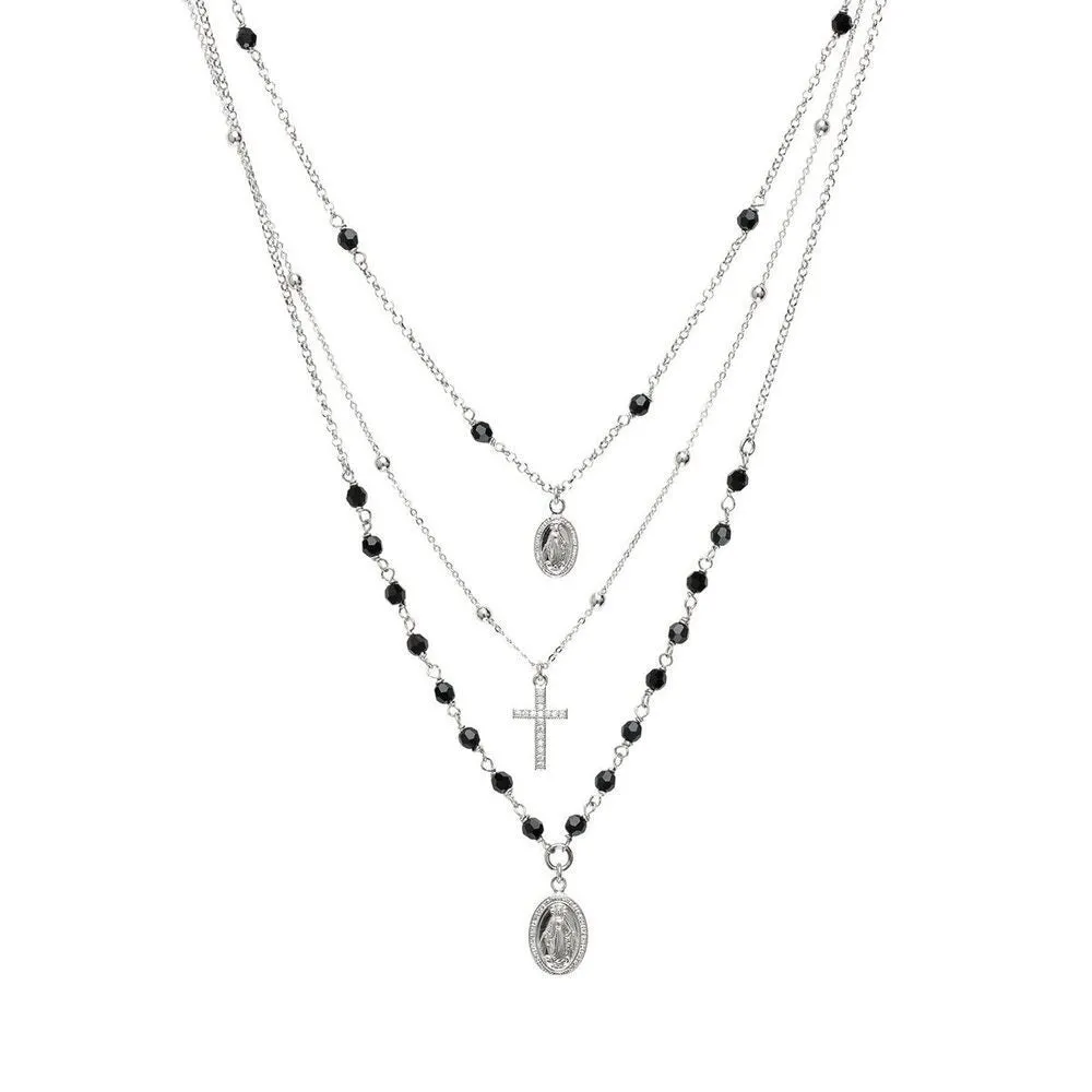 Collana multifilo con medagliette sacre, Swarovski jet e zirconi