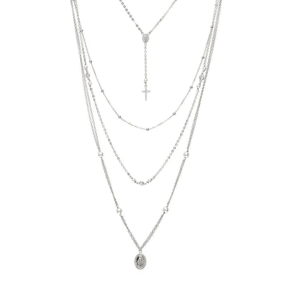 Collana multifilo con elementi sacri, perle e zirconi