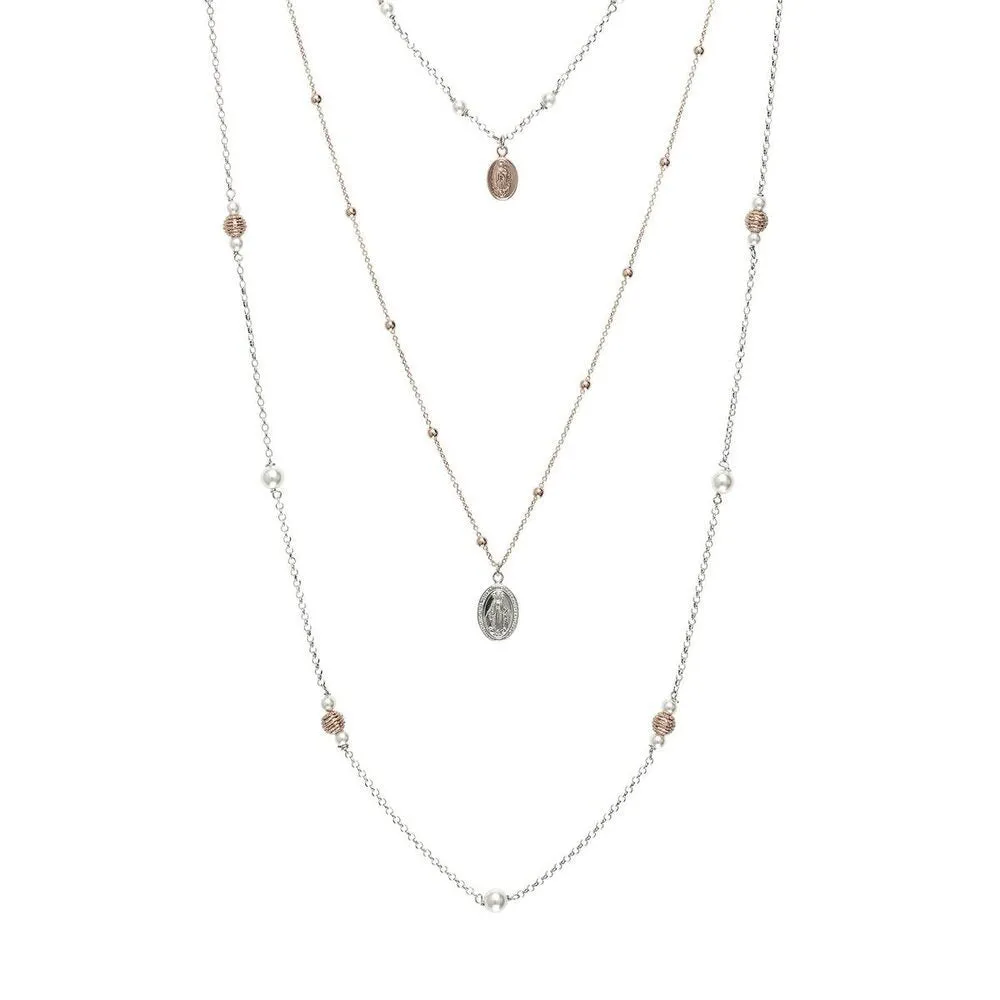 Collana multifilo bicolor con elementi sacri, sfere diamantate e zirconi