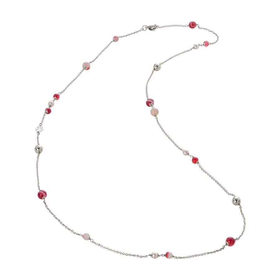 Collana lunga con perle Swarovski rosaline e agata fucsia