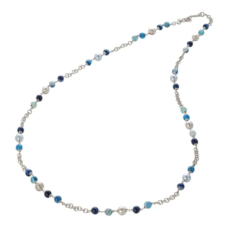 Collana con perle Swarovski light blue, agata mix blue e sfere graffiate
