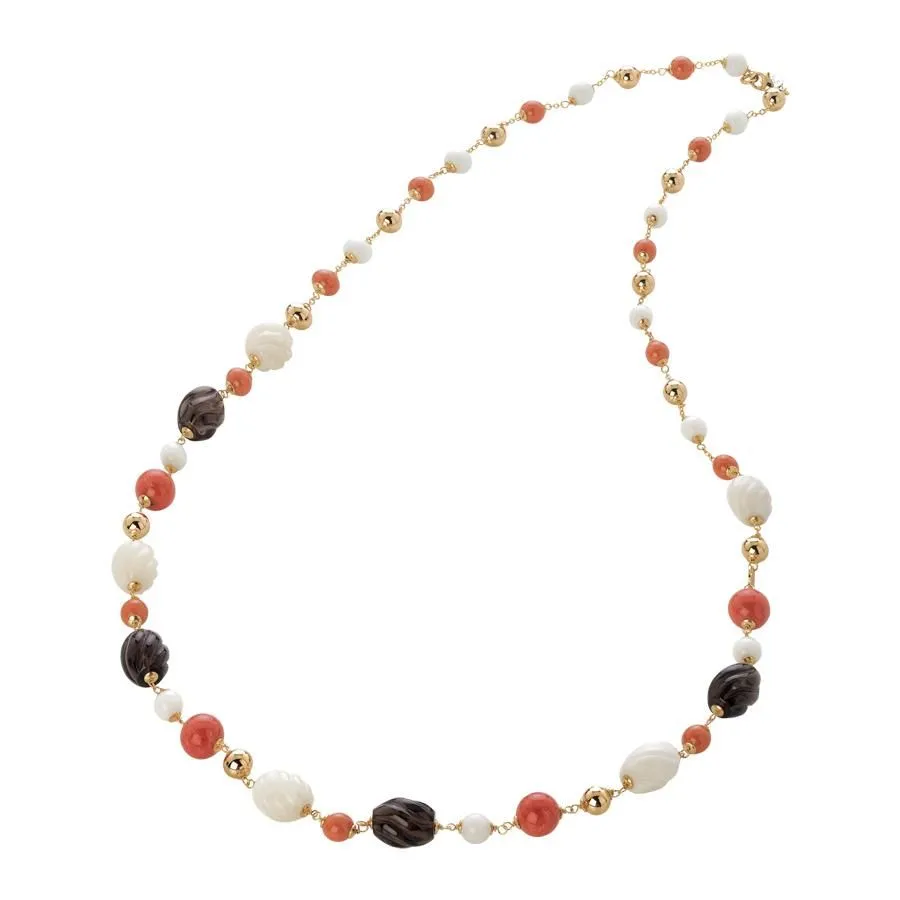 Collana con perle Swarovski coral e pietre agata white, agata white torchon e quarzo fumè torchon