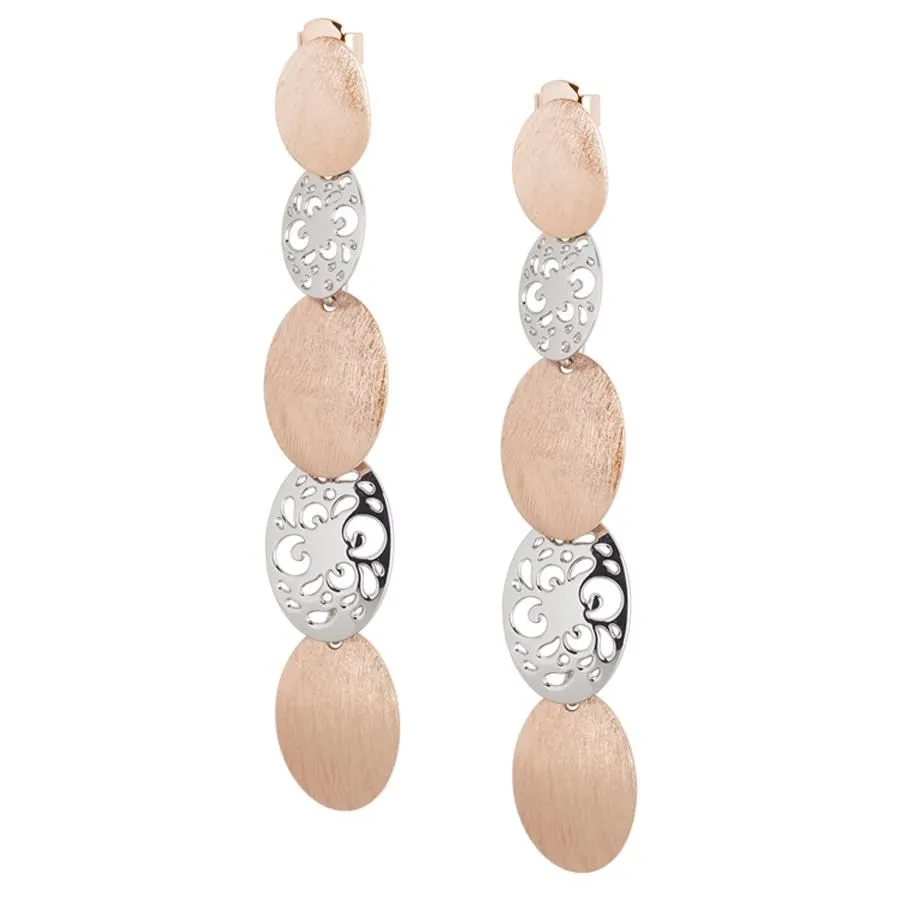 Orecchini bicolor pendenti con ovali graffiati e traforati