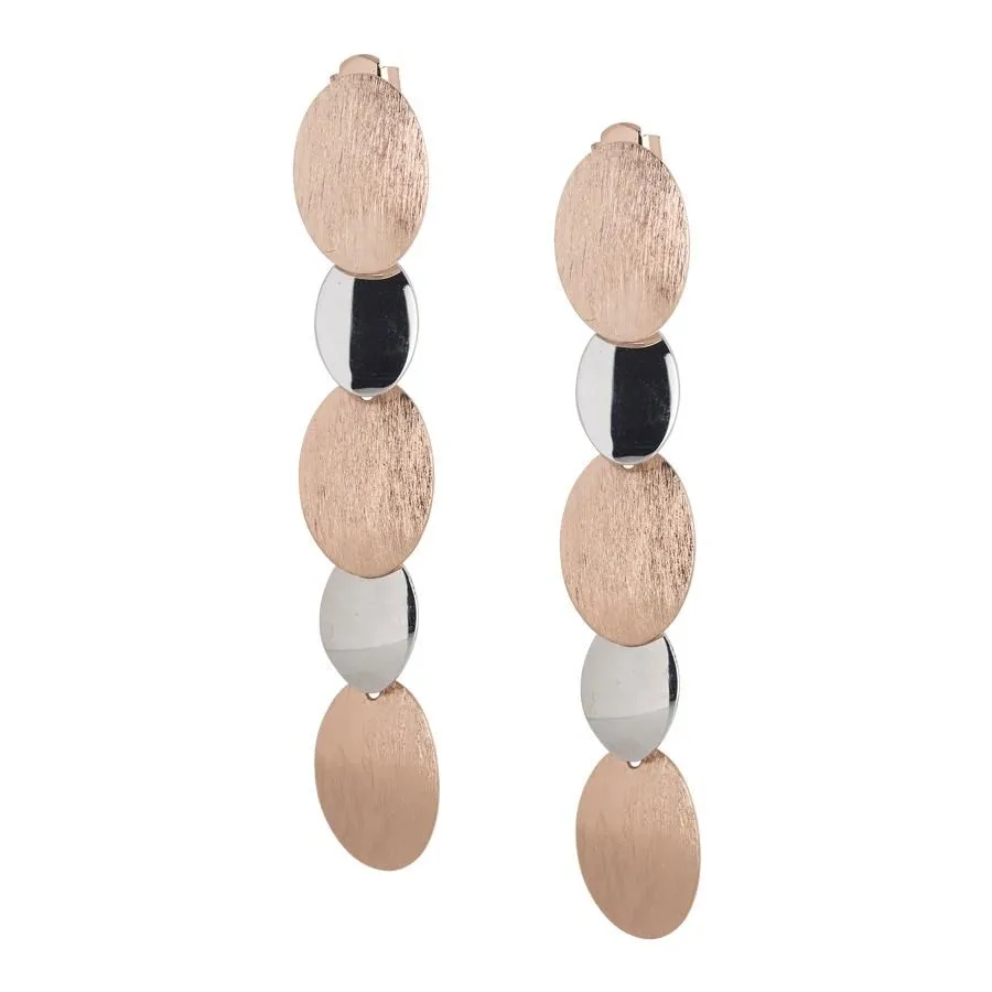 Orecchini bicolor pendenti con ovali graffiati e lisci