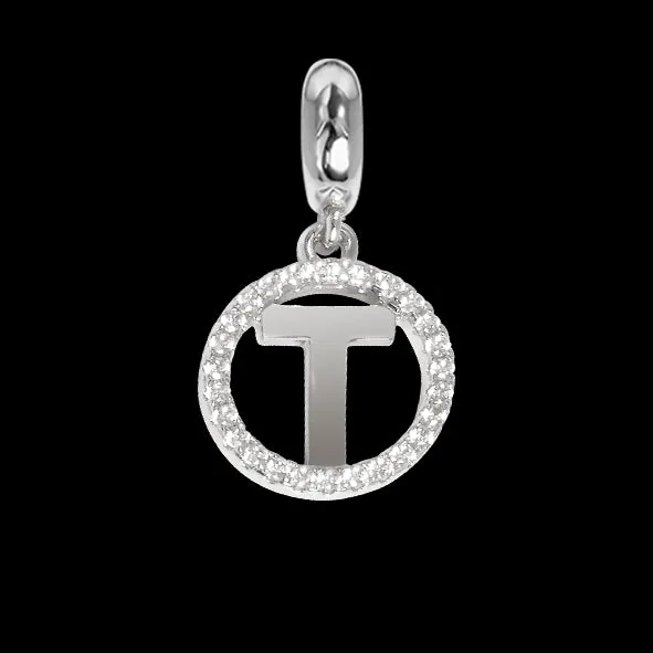 Charm circolare in zirconi con lettera T