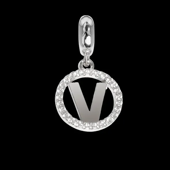 Charm circolare in zirconi con lettera V