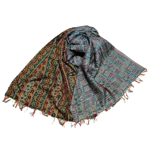 Sciarpa KANTHA con tessuti vintage misto seta ricamo a mano celeste - verde