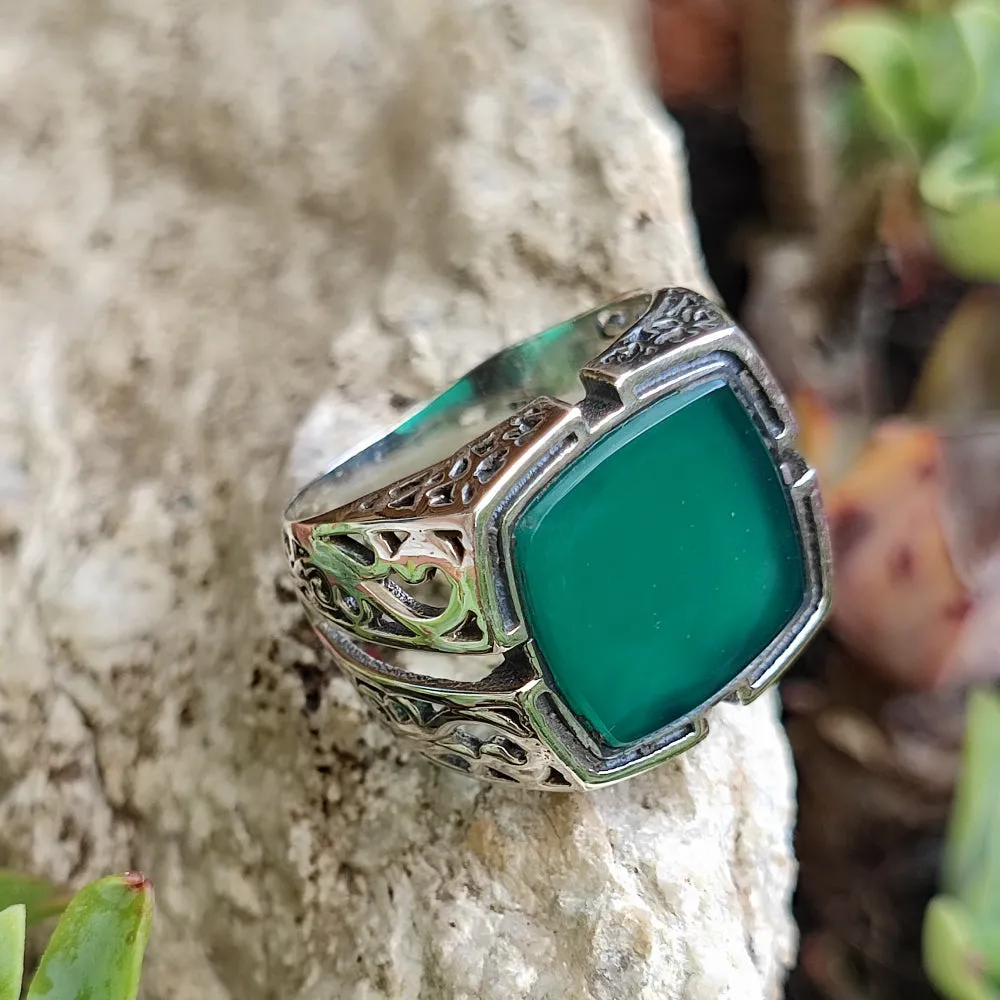 Ethnic ring in green agate 925 silver - NUNGANA
