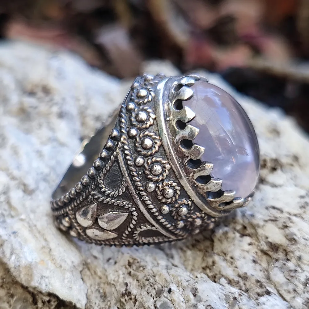 Ethnischer Ring aus 925er Silber mit Rosenquarz - TOPPUR