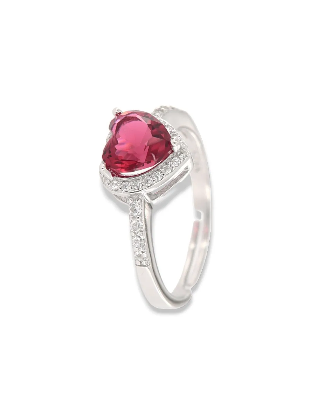 ANELLO ARGENTO RODIATO CUORE ROSSO E ZIRCONI