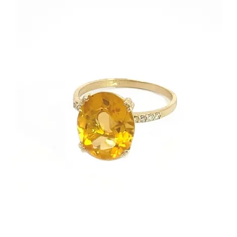 Anello Pietra Citrino Ovale Oro Giallo 9kt Diamanti Bianchi