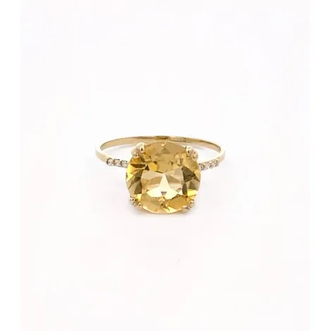 Anello Pietra Citrino Tondo Oro Giallo 9kt Diamanti Bianchi