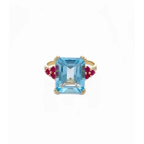 Anello Topazio Azzurro Oro Giallo 9kt Rubino Diamanti Bianchi