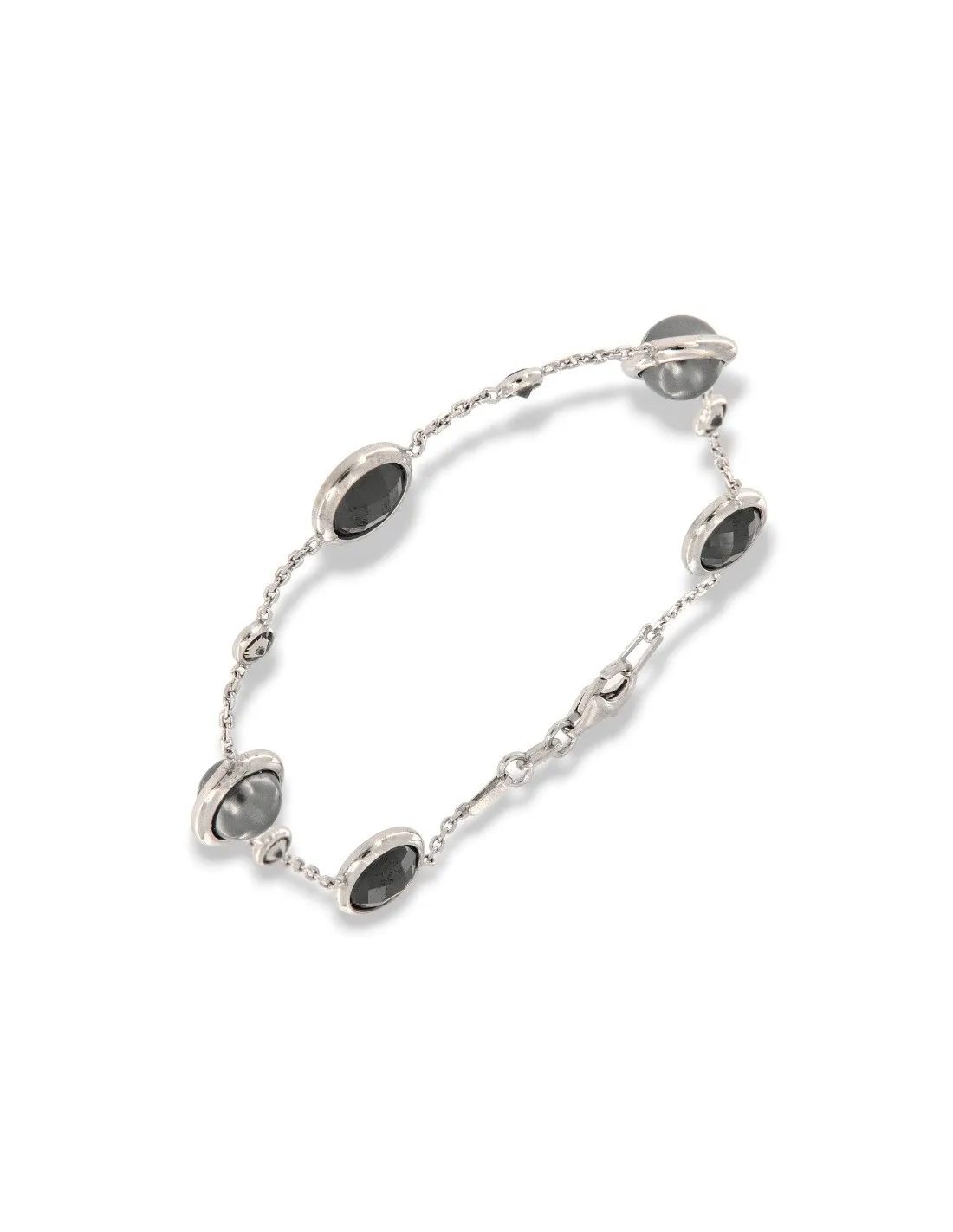 BRACCIALE ARGENTO CATENA ALTERNATA A PERLE E CRISTALLI BRIOLET E ZIRCONI BIANCHI