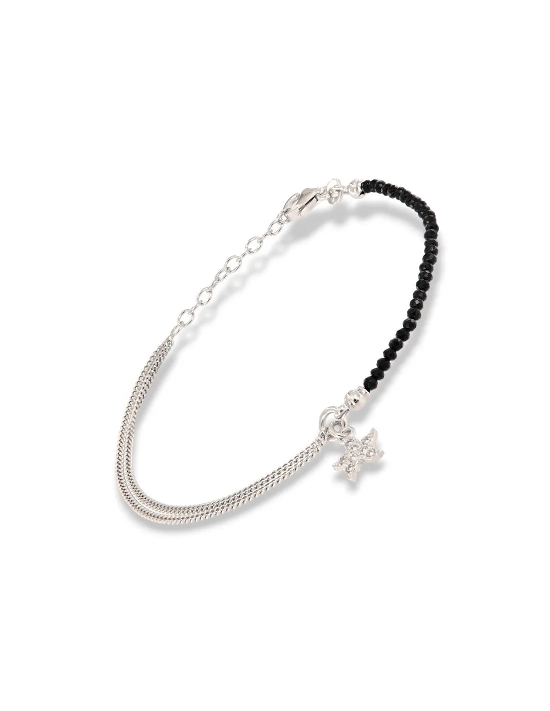 Bracciale Argento Rodiato Sfere Nere Stella Ciondolo Zirconi