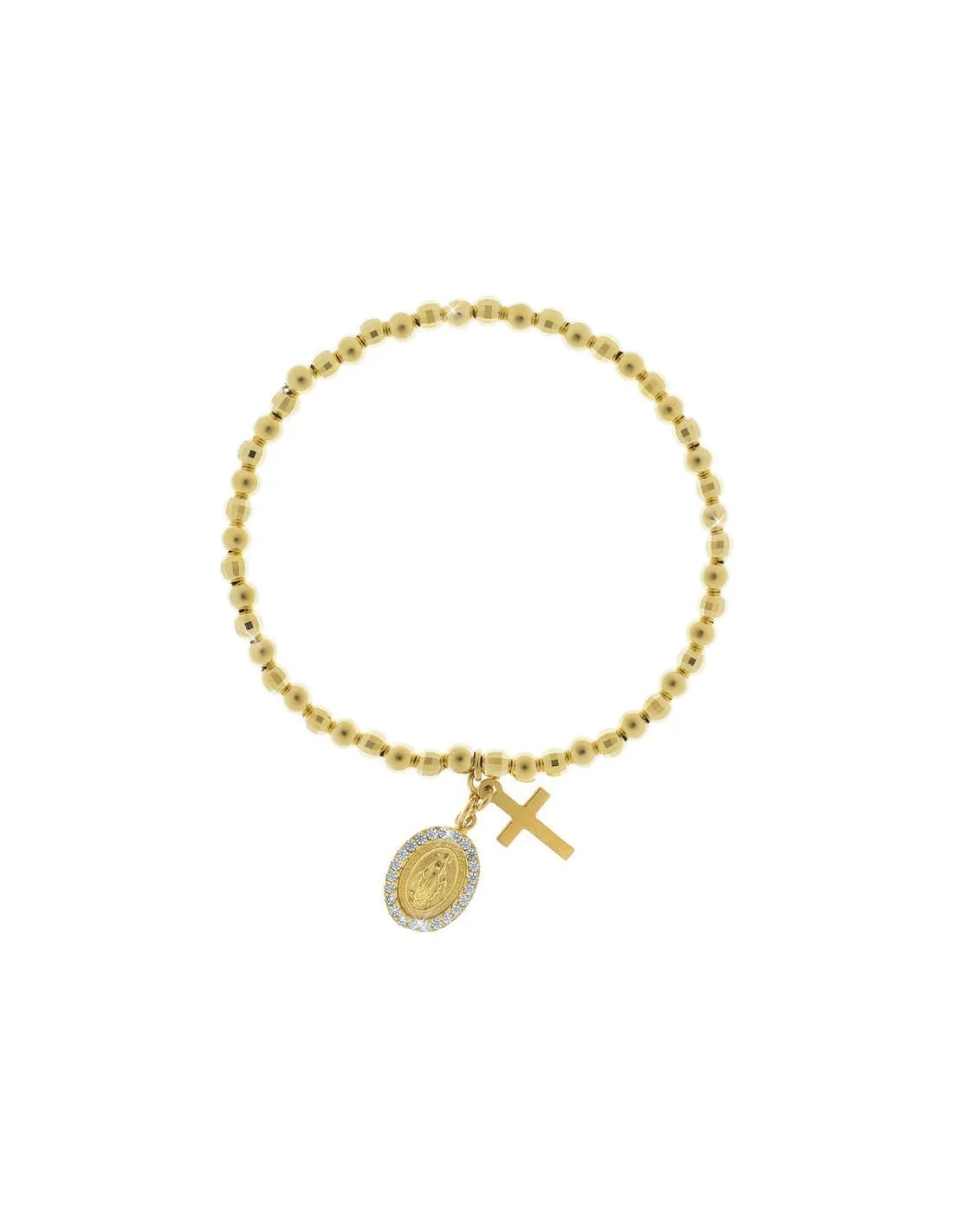 Bracciale elastico con sfere e penndeti croce e medaglietta miracolosa con zirconi