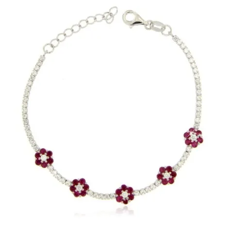 Bracciale Tennis Fiori Argento 925 Zirconi Rossi