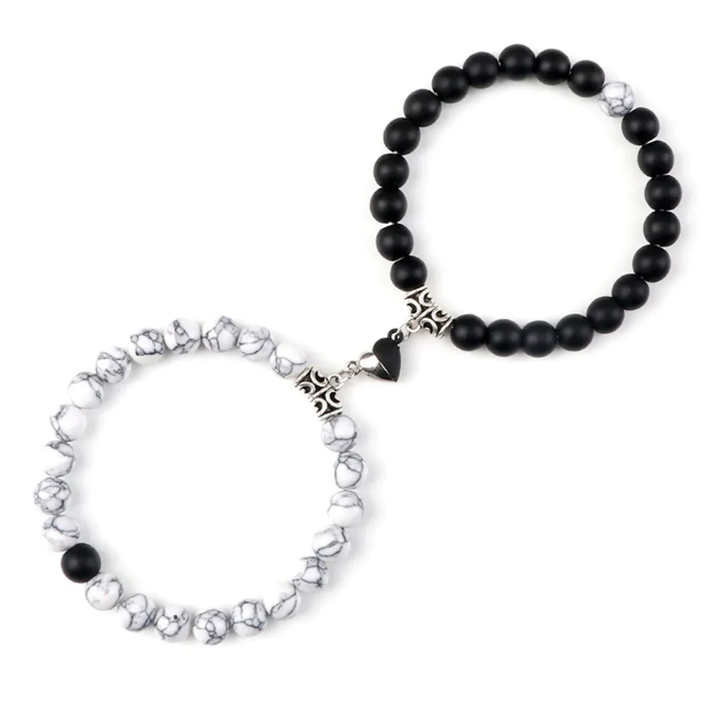 Braccialetti per Coppia – Cuore Yin-Yang – Howlite e Onice opaco – 19