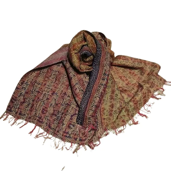 Sciarpa KANTHA con tessuti vintage misto seta ricamo a mano beige blu