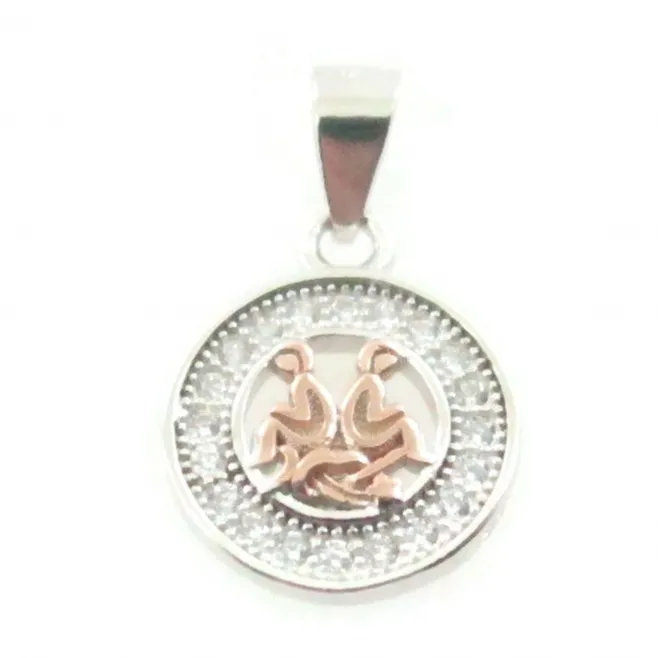 Charms ciondolo zodiaco gemelli argento 925 placcato oro rosa e zirconi 10  mm - 1 pz