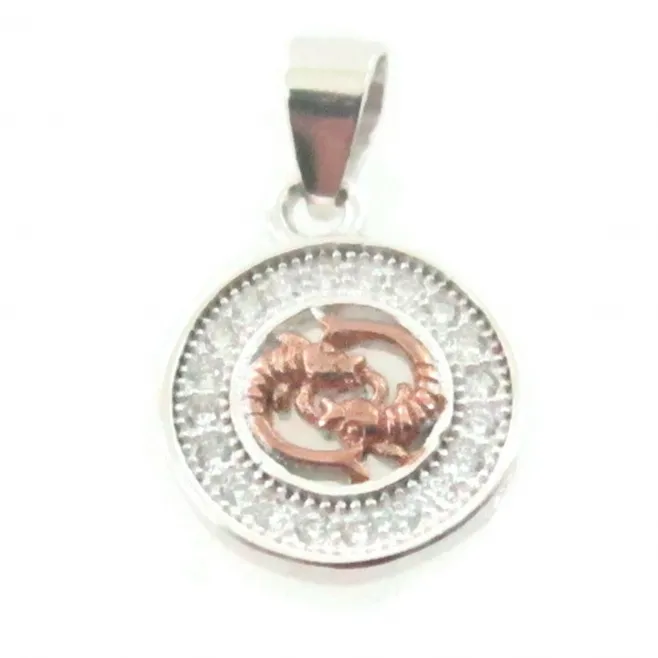 Charms ciondolo zodiaco pesci argento 925 placcato oro rosa e zirconi 10  mm - 1 pz