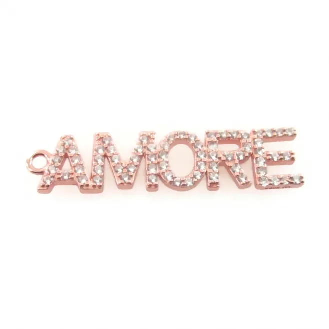 Charms scritta amore di 28,5x6,5 mm in argento 925 e pavè di zirconi placcato oro rosa - 1 pz.