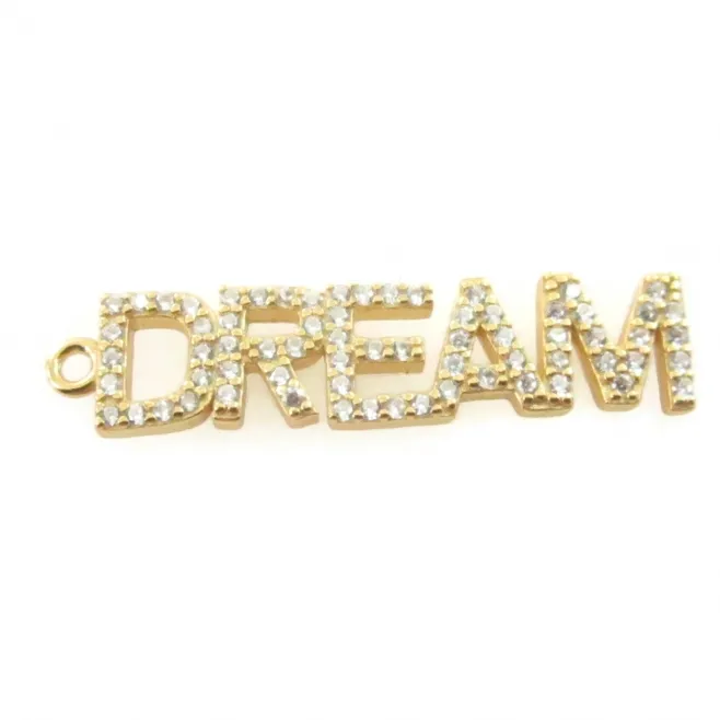 Charms scritta dream di 29x6,5 mm in argento 925 e pavè di zirconi bianchi placcato oro giallo - 1 pz.