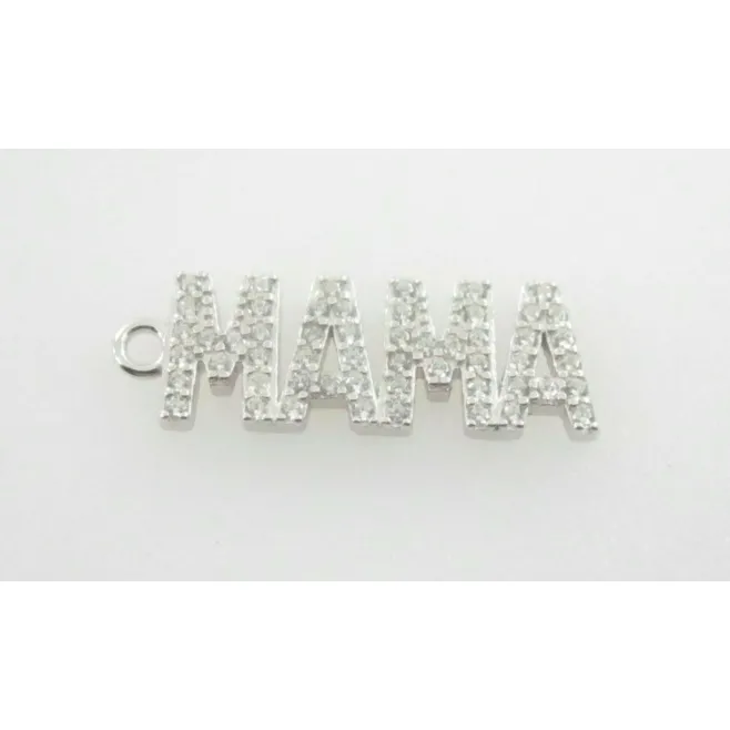 Charms scritta MAMA di 20X7 mm in argento 925 e pavè di zirconi bianchi rodiato- 1 pz.