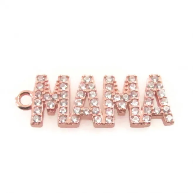 Charms scritta MAMA di 20X7 mm in argento 925 e pavè di zirconi bianchi placcato oro rosa - 1 pz.