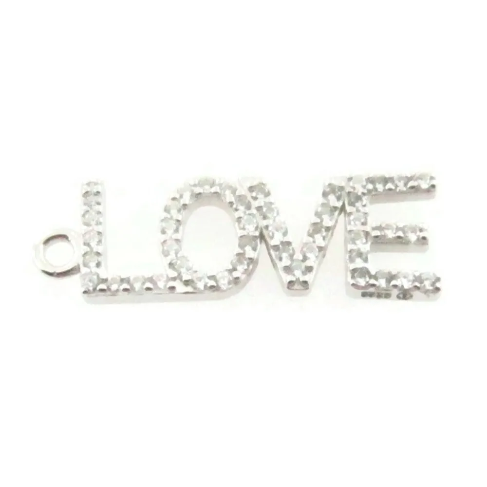Charms scritta LOVE di 21,5x7 mm in argento 925 e pavè di zirconi bianchi rodiato- 1 pz.
