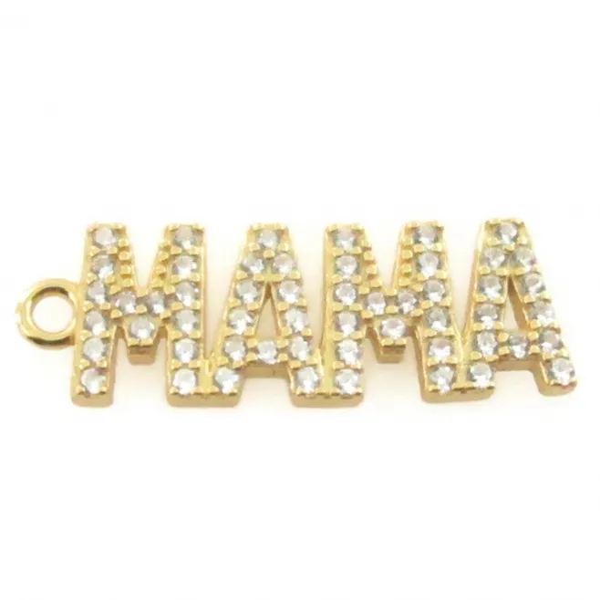 Charms scritta MAMA di 20X7 mm in argento 925 e pavè di zirconi bianchi placcato oro giallo- 1 pz.