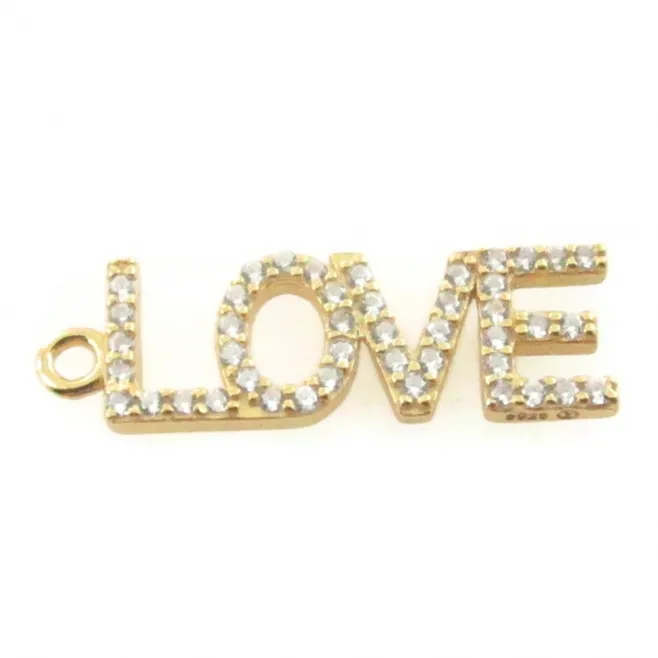 Charms scritta LOVE di 21,5x7 mm in argento 925 e pavè di zirconi bianchi placcato oro giallo- 1 pz.
