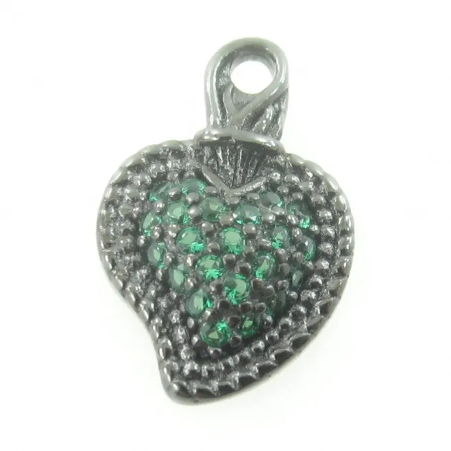 Charms sacro cuore di 13x8,5 mm in argento 925 rodiato nero pavè di zirconi verdi - 1 pz.