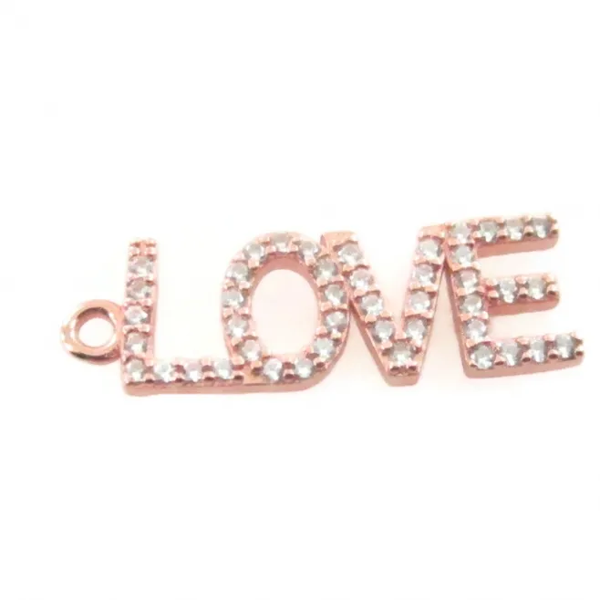 Charms scritta LOVE di 21,5x7 mm in argento 925 e pavè di zirconi bianchi placcato oro rosa - 1 pz.