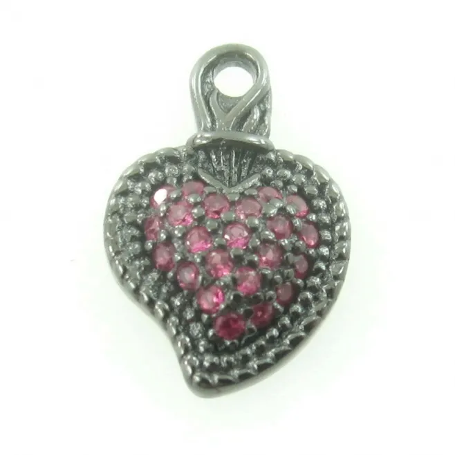 Charms sacro cuore di 13x8,5 mm in argento 925 rodiato nero pavè di zirconi fucsia - 1 pz.