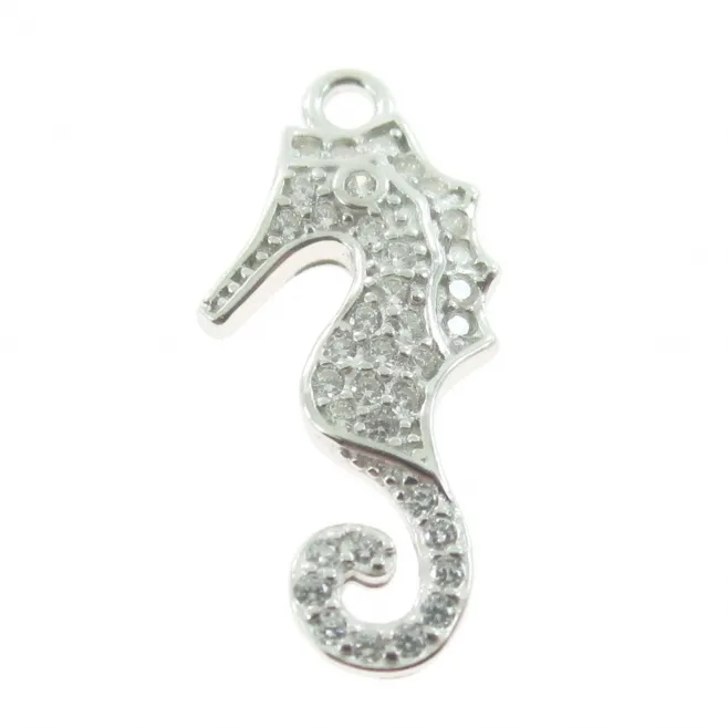 Charms cavalluccio marino di 19,5x9 mm in argento 925  rodiato pavè di zirconi bianchi - 1 pz.